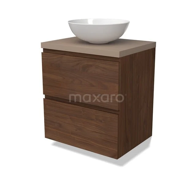 Modulo Plato Badkamermeubel voor waskom | 60 cm Walnoot Greeploos front Taupe blad 2 lades onder elkaar BMK17-03296 Houten badkamermeubel met twee lades en een witte waskom, modern design en geschikt voor een stijlvolle badkamerinrichting.