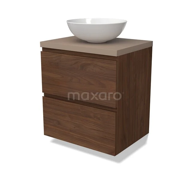 Holz Badezimmermöbel mit zwei Schubladen und einem weißen Aufsatzwaschbecken, modernes Design und geeignet für eine stilvolle Badezimmergestaltung.