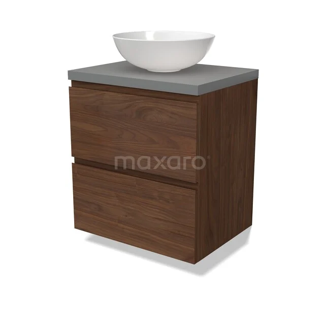 Houten badkamermeubel met twee lades, grijs stenen blad en ronde witte waskom, compact design voor moderne badkamers.