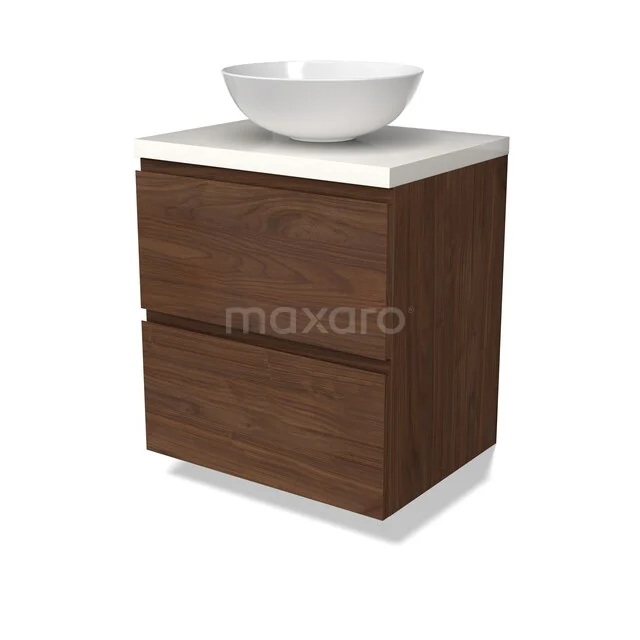 Wandhängendes Badezimmermöbel mit Aufsatzwaschbecken, Holzlook-Oberfläche, zwei Schubladen und weißem Waschbecken; modernes und kompaktes Design.