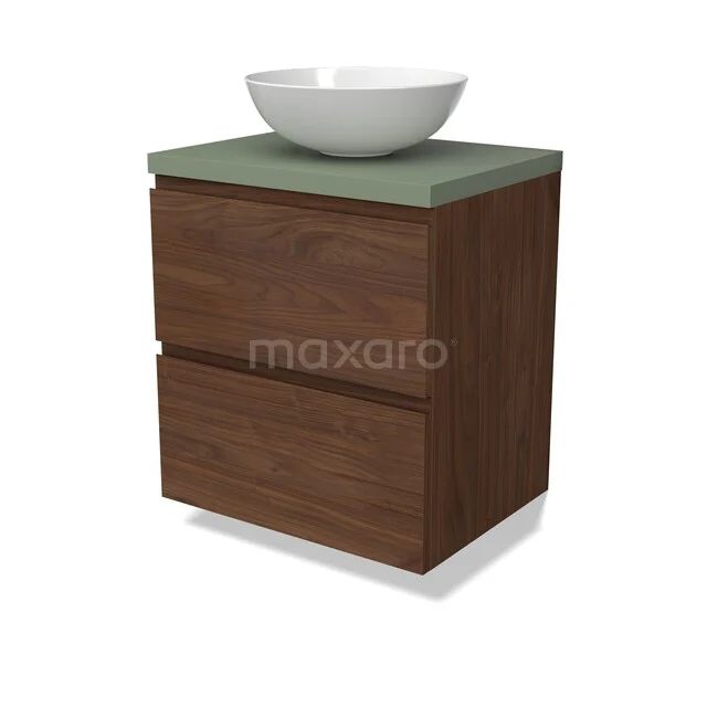 Houten badkamermeubel met waskom, donkerbruin fineer, groene topplaat, twee lades en modern design.