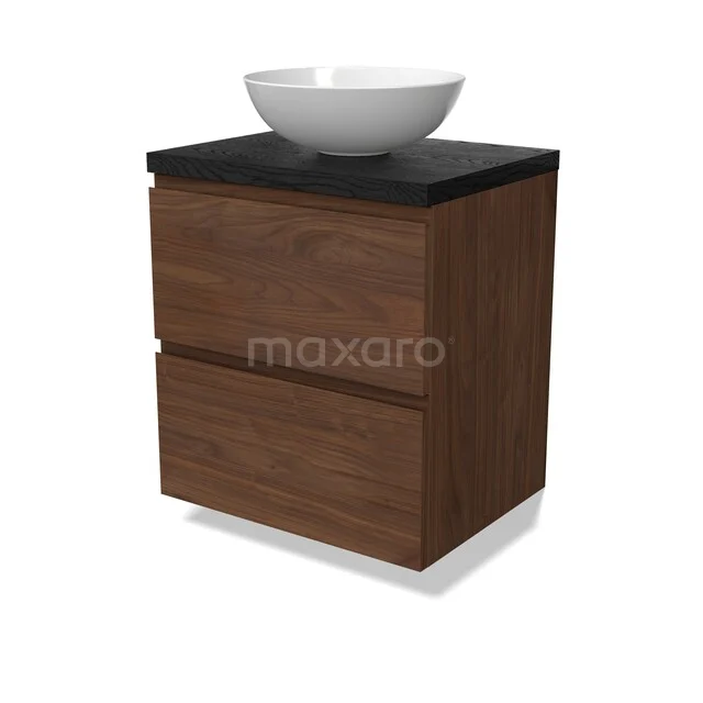 Modulo Plato Badkamermeubel voor waskom | 60 cm Walnoot Greeploos front Zwart eiken blad 2 lades onder elkaar BMK17-03303 Walnoten badkamermeubel met zwarte bovenblad en witte ronde waskom, elegant design voor een moderne badkamer.