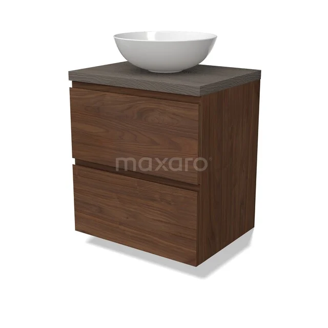 Houten badkamermeubel met twee lades, keramische waskom en donkergrijs blad, modern design voor een stijlvolle badkamer.