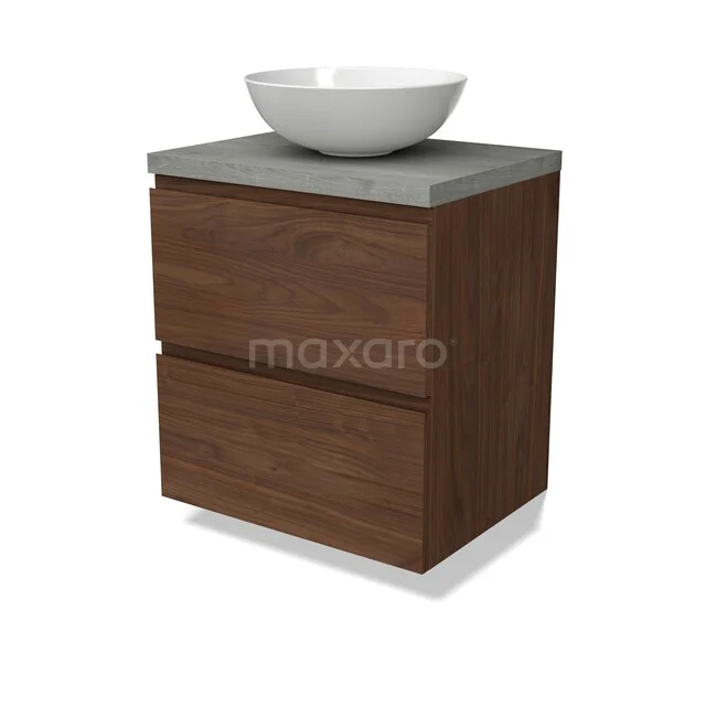 Houten badkamermeubel met betonnen blad en witte opzetwaskom, modern design met twee lades.