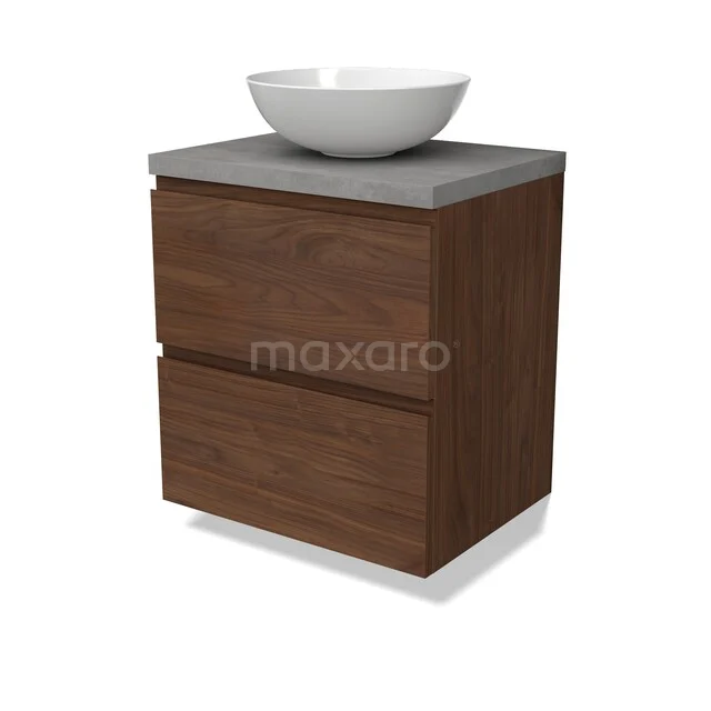 Modulo Plato Badkamermeubel voor waskom | 60 cm Walnoot Greeploos front Lichtgrijs beton blad 2 lades onder elkaar BMK17-03311 Houten badkamerkast met twee lades, grijs stenen wastafelblad en witte kom, perfect voor moderne badkamerruimtes.