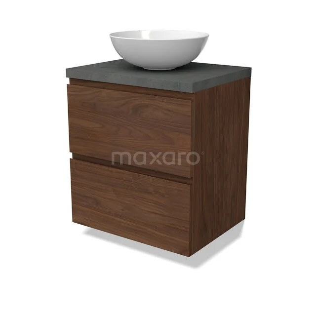 Holz-Badmöbel mit Dunkelgrau Platte und weißem Aufsatzwaschbecken, modernes Design, ideal als kompakte Aufbewahrungslösung im Badezimmer.