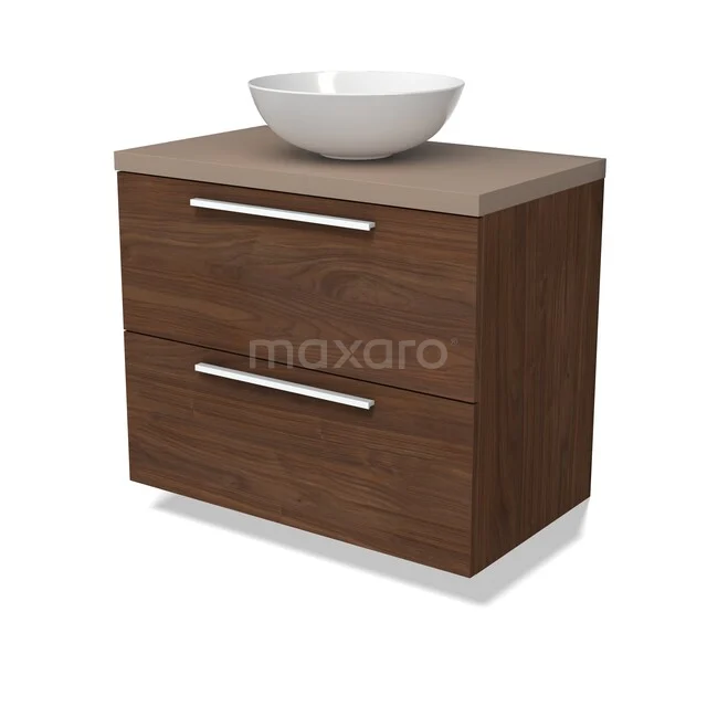 Modern badkamermeubel houtlook met twee lades en witte wastafel, perfect voor stijlvolle badkameropslag.