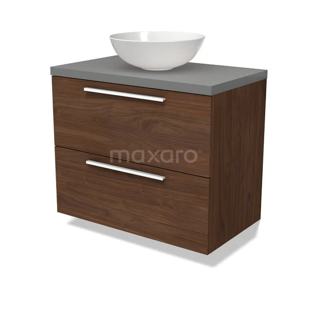 Modulo Plato Badkamermeubel voor waskom | 80 cm Walnoot Vlak front Middengrijs blad 2 lades onder elkaar BMK17-03315 Houten badkamermeubel met wastafel, donkerbruin fineer, grijs blad en moderne RVS handgrepen voor een stijlvolle badkamer.