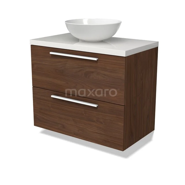 Holz Badezimmermöbel mit weißem Keramikbecken, 2 Schubladen und modernen silbernen Haltegriffen; funktional und stilvoll.