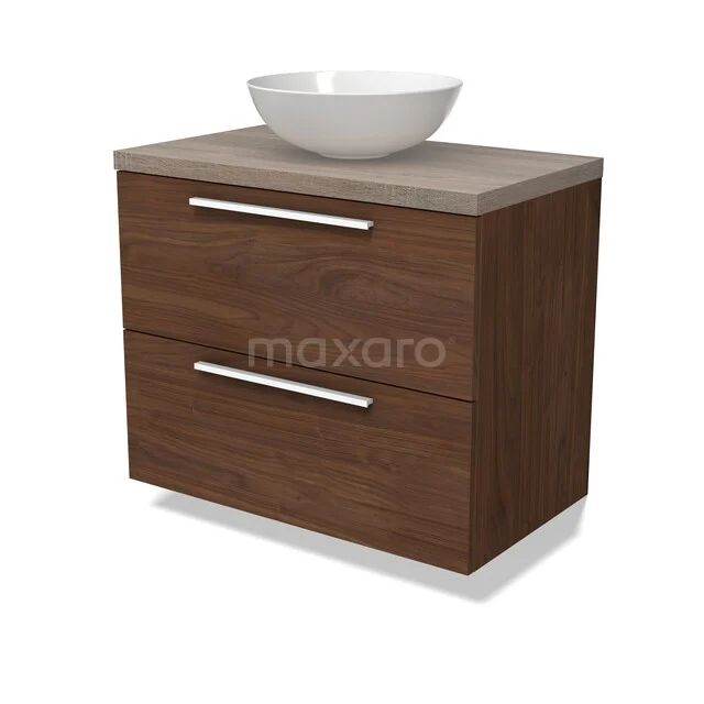 Houten badkamermeubel met twee lades, modern design, inclusief een witte opzetwastafel en metalen handgrepen.