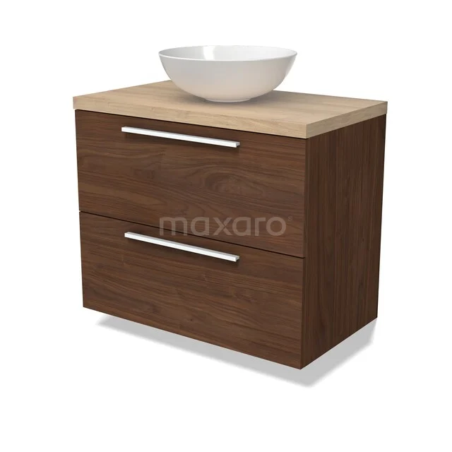 Houten badkamermeubel met moderne waskom, donkerbruin fineer, twee lades en chromen handgrepen, stijlvol en praktisch.