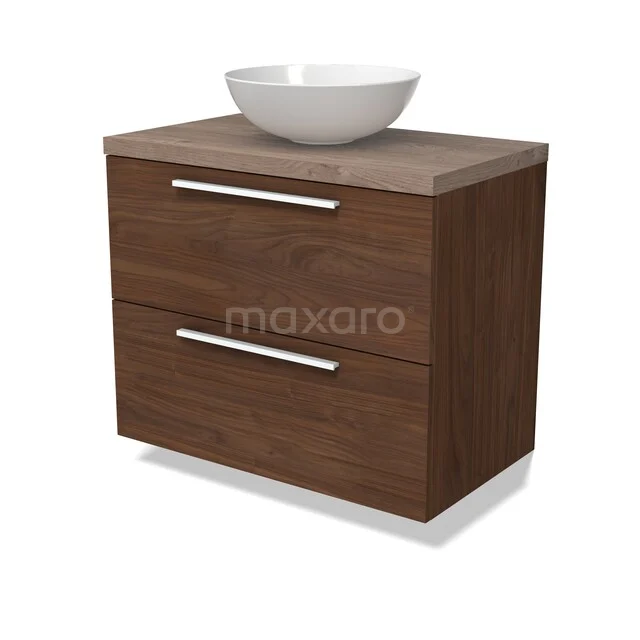 Modulo Plato Badkamermeubel voor waskom | 80 cm Walnoot Vlak front Middenbruin eiken blad 2 lades onder elkaar BMK17-03325 Houtlook badkamermeubel met wastafel, twee lades en metalen handgrepen, ideaal voor moderne badkameropslag.