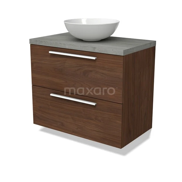 Waschbeckenmöbel Modulo BMK17-03327 Holz Badezimmermöbel mit zwei Schubladen, Beton Platte und runder Waschbecken; modern und ideal für stilvolle Badezimmergestaltung.