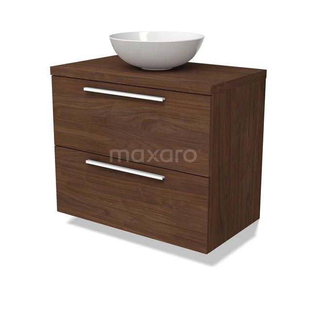 Modulo Plato Vanity units for countertop basin | 80 cm Walnut Flat front Walnut worktop 2 Stacked drawers BMK17-03328 Houten badkamermeubel met twee lades en witte waskom, modern design van de OakLine serie.