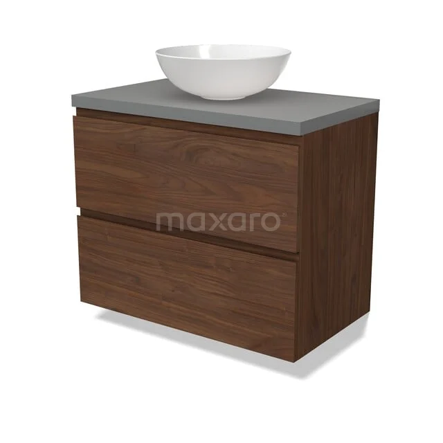 Modulo Plato Badkamermeubel voor waskom | 80 cm Walnoot Greeploos front Middengrijs blad 2 lades onder elkaar BMK17-03333 Houten badkamermeubel met warme walnootkleur, grijs stenen blad en witte komvormige wasbak, modern zwevend ontwerp.