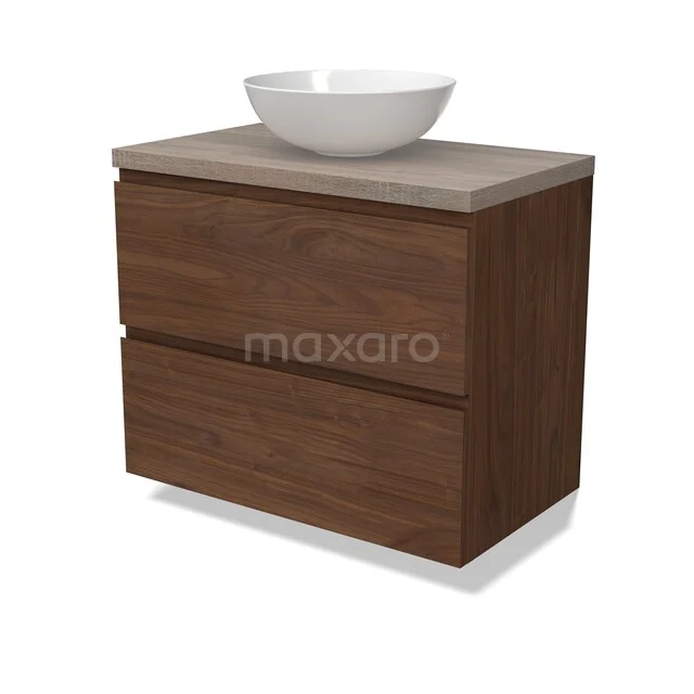 Modulo Plato Badkamermeubel voor waskom | 80 cm Walnoot Greeploos front Eiken blad 2 lades onder elkaar BMK17-03340 Houten badkamermeubel met twee lades, keramische wastafel en betonnen blad, modern ontwerp voor stijlvolle badkamers.