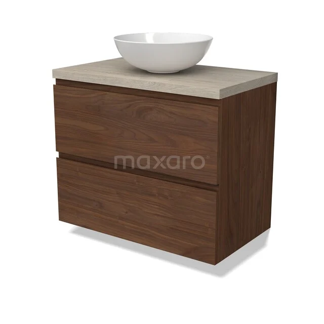 Waschbeckenmöbel Modulo BMK17-03341 Badmöbel Holzoptik mit Aufsatzwaschbecken, 2 Schubladen, Natursteine Platte, modernes Design, ideal für eine stilvolle Badezimmerinrichtung.