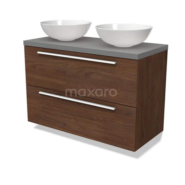 Modulo Plato Vanity units for countertop basin | 100 cm Walnut Flat front Mid grey worktop 2 Stacked drawers BMK17-03351 Houten badkamermeubel met twee witte waskommen, grijs blad en moderne lades; ideaal voor een stijlvolle badkamer inrichting.