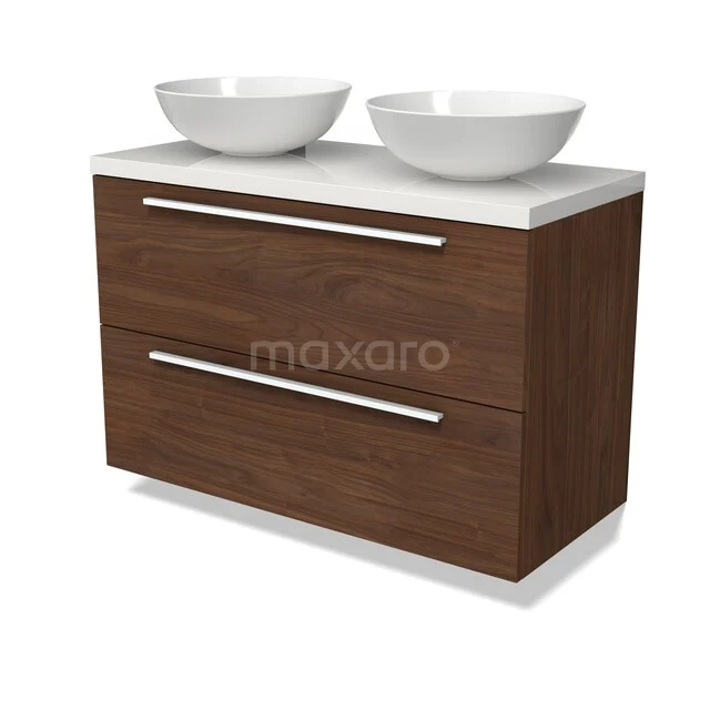 Wooden bathroom furniture with two white washbasins, soft-close drawers and modern design, perfect for a stylish bathroom decor.