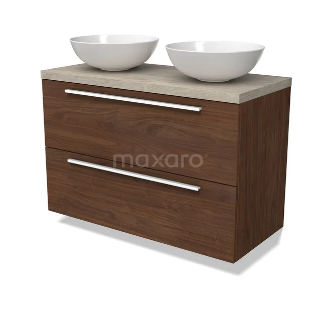 Modulo Plato Vanity units for countertop basin | 100 cm Walnut Flat front Light grey oak worktop 2 Stacked drawers BMK17-03359 Wastafelmeubel houtlook met twee ronde witte waskommen, moderne design, ideaal voor stijlvolle badkamerinrichting.