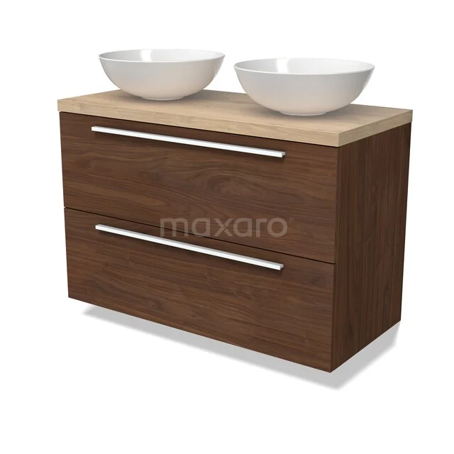 Modulo Plato Vanity units for countertop basin | 100 cm Walnut Flat front Light brown oak worktop 2 Stacked drawers BMK17-03360 Houten badkamermeubel met twee witte opzetwaskommen, modern design en strakke lades, ideaal voor stijlvolle badkamerinrichting.