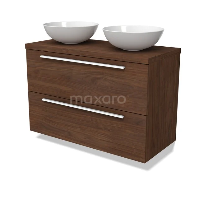 Modulo Plato Vanity units for countertop basin | 100 cm Walnut Flat front Walnut worktop 2 Stacked drawers BMK17-03364 Houten badkamermeubel met twee witte waskommen, modern design en twee lades met metalen handgrepen.