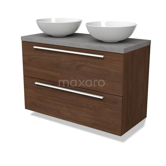 Modulo Plato Vanity units for countertop basin | 100 cm Walnut Flat front Light grey concrete worktop 2 Stacked drawers BMK17-03365 Houten badkamermeubel met twee lades, betonlook wastafelblad en dubbele witte ronde kommen, modern en strak ontwerp.