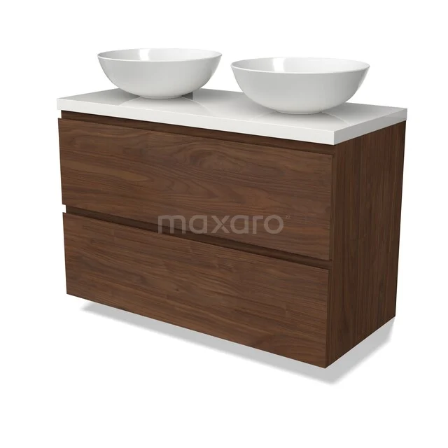 Holz Badezimmermöbel mit doppelten weißen Aufsatzwaschbecken, modernes Design, ideal für stilvolle Badezimmergestaltung.