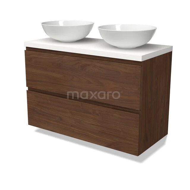 Modulo Plato Badkamermeubel voor waskom | 100 cm Walnoot Greeploos front Mat wit blad 2 lades onder elkaar BMK17-03371 Houten badkamermeubel met dubbele witte waskom, modern ontwerp, geschikt voor een stijlvolle badkamerinrichting.