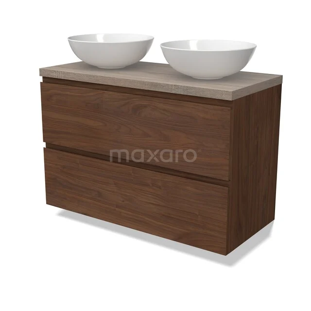 Modulo Plato Vanity units for countertop basin | 100 cm Walnut Handle-less front Oak worktop 2 Stacked drawers BMK17-03376 Houten badkamermeubel met twee witte waskommen, modern ontwerp, ideaal voor een stijlvolle badkamerupgrade.