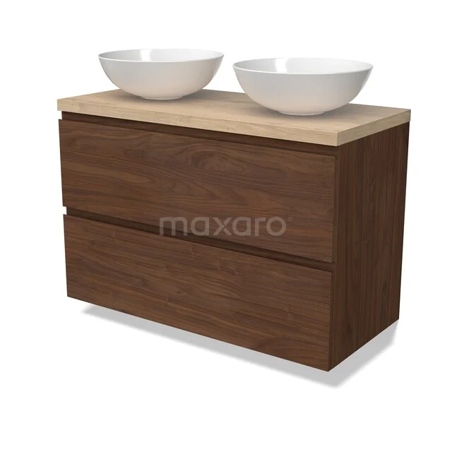 Modulo Plato Vanity units for countertop basin | 100 cm Walnut Handle-less front Light brown oak worktop 2 Stacked drawers BMK17-03378 Houten badkamermeubel met twee witte waskommen, minimalistisch design, geschikt voor moderne badkamers.