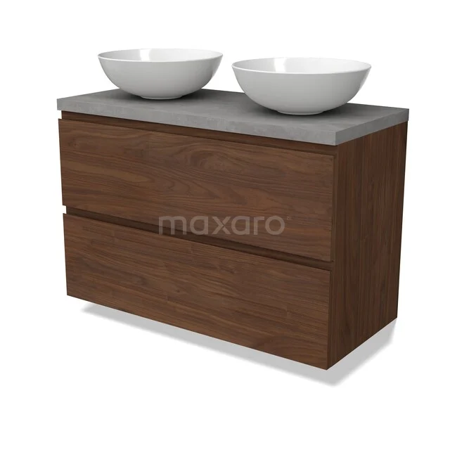 Modulo Plato Vanity units for countertop basin | 100 cm Walnut Handle-less front Light grey concrete worktop 2 Stacked drawers BMK17-03383 Houten badkamermeubel met twee witte waskommen, betonnen blad en moderne designstijl voor een stijlvolle badkamer inrichting.