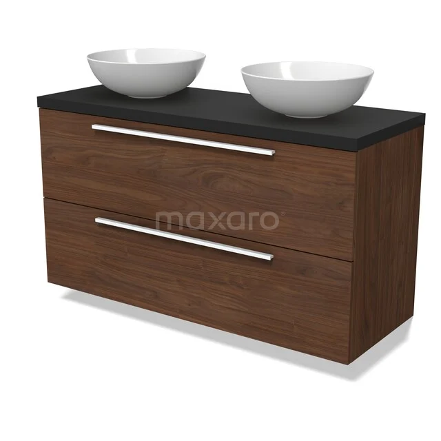 Modulo Plato Vanity units for countertop basin | 120 cm Walnut Flat front Matte black worktop 2 Stacked drawers BMK17-03385 Houten badkamermeubel met donker blad, dubbele waskommen en lades, stijlvol ontwerp voor moderne badkamers.