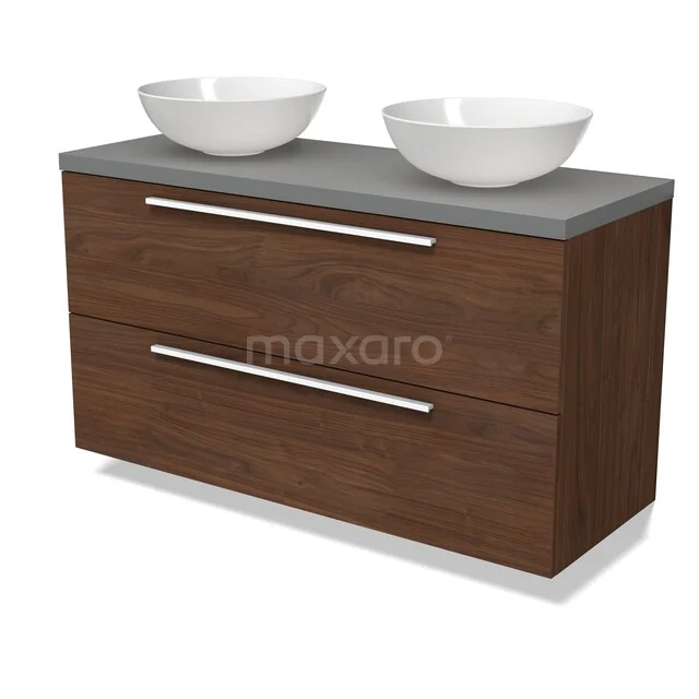 Dunkles Badezimmermöbel mit zwei Schubladen, grauer Platte und doppelten weißen Aufsatzwaschbecken, modernes Design für ein luxuriöses Badezimmer.