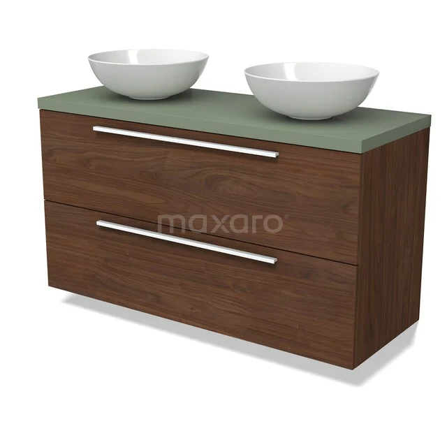 Modulo Plato Badkamermeubel voor waskom | 120 cm Walnoot Vlak front Saliegroen blad 2 lades onder elkaar BMK17-03392 Houten badkamermeubel met dubbel wastafelblad, groene top en twee witte waskommen, perfect voor een moderne badkamer.