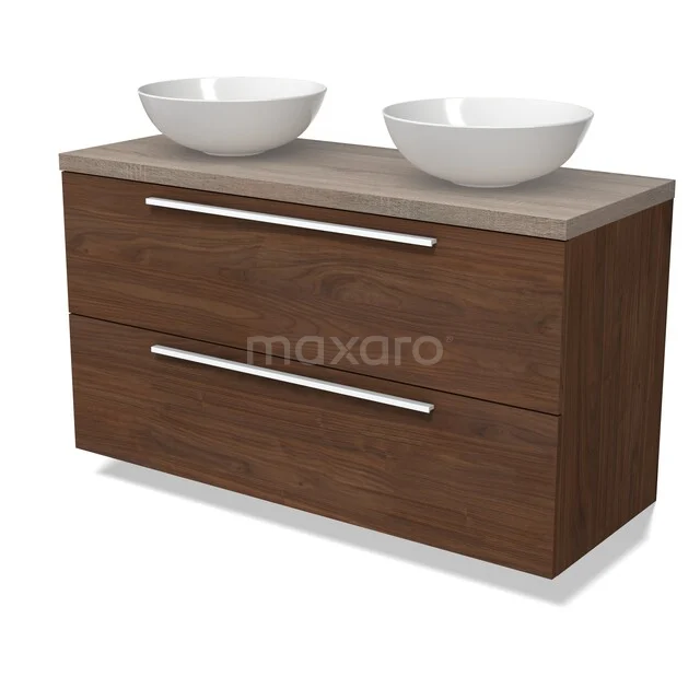 Modulo Plato Vanity units for countertop basin | 120 cm Walnut Flat front Oak worktop 2 Stacked drawers BMK17-03394 Houten badkamermeubel met dubbele waskommen, modern design, warme walnootkleur en strakke metalen handgrepen.
