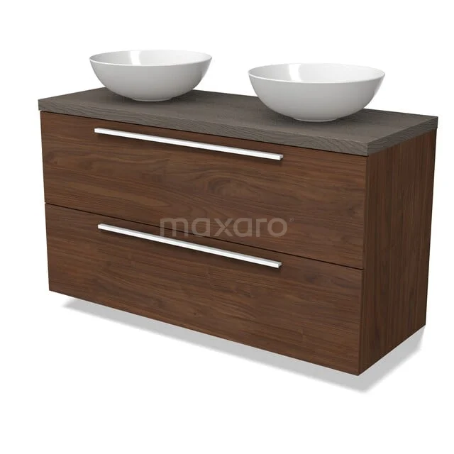 Modulo Plato Badkamermeubel voor waskom | 120 cm Walnoot Vlak front Donkerbruin eiken blad 2 lades onder elkaar BMK17-03398 Modern badkamermeubel met dubbele wastafel, houten afwerking in walnootkleur, strak design en ruime lades voor opberggemak.