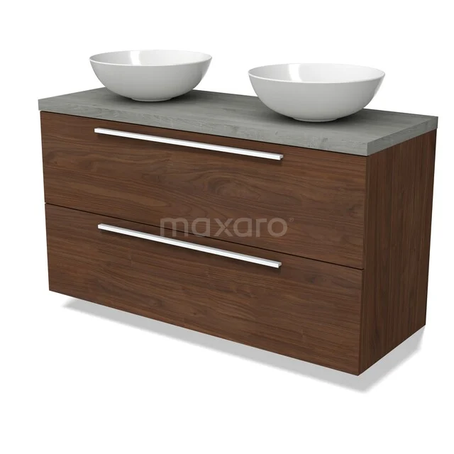 Modulo Plato Vanity units for countertop basin | 120 cm Walnut Flat front Grey oak worktop 2 Stacked drawers BMK17-03399 Wastafelmeubel houtlook met dubbele witte kommen, grijs blad en strakke metalen handgrepen voor moderne badkamerstijl.