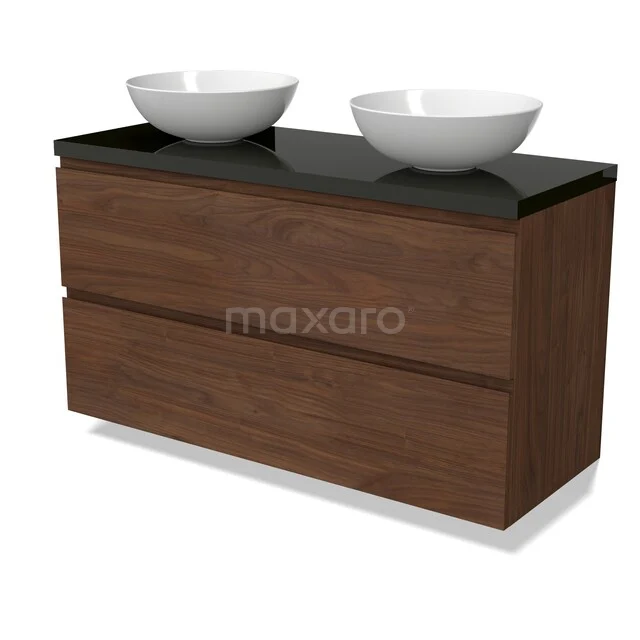 Modulo Plato Vanity units for countertop basin | 120 cm Walnut Handle-less front High-gloss black worktop 2 Stacked drawers BMK17-03409 Houten badkamermeubel met dubbel keramisch waskomdesign, zwart glazen blad en ruime lades voor extra opbergruimte.