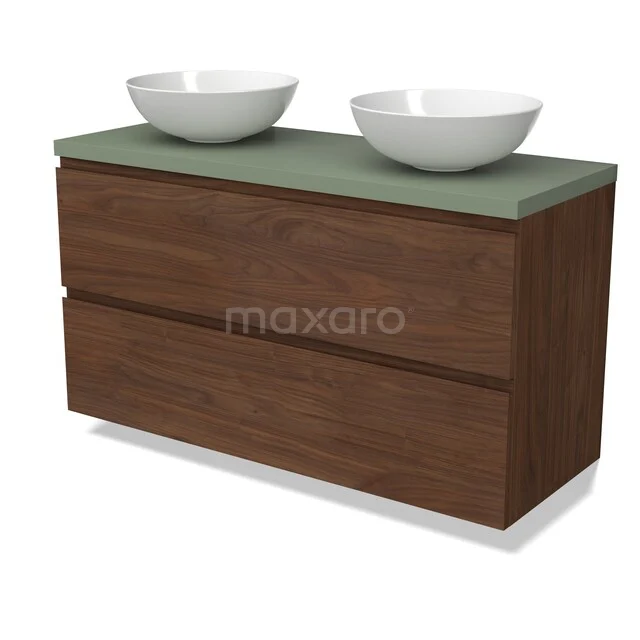 Douchekamermeubel houtlook met groene wastafelblad en dubbele witte waskommen, ideaal voor moderne badkamers.