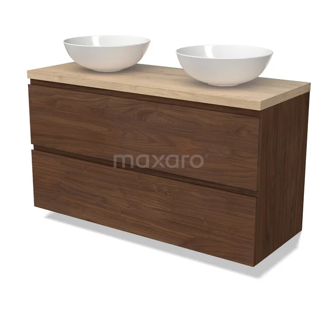 Modulo Plato Vanity units for countertop basin | 120 cm Walnoot Handle-less front Light brown oak worktop 2 Stacked drawers BMK17-03414 Houten badkamermeubel met dubbele waskom, modern design, notenhouten afwerking en ruim opberggedeelte.