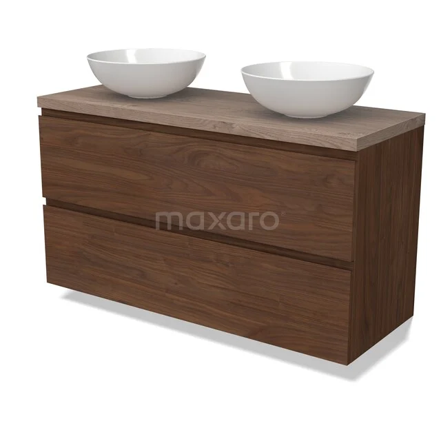 Modulo Plato Badkamermeubel voor waskom | 120 cm Walnoot Greeploos front Middenbruin eiken blad 2 lades onder elkaar BMK17-03415 Houten badkamermeubel met dubbele wastafels, walnootkleur, strak design, ideaal voor moderne badkamers.