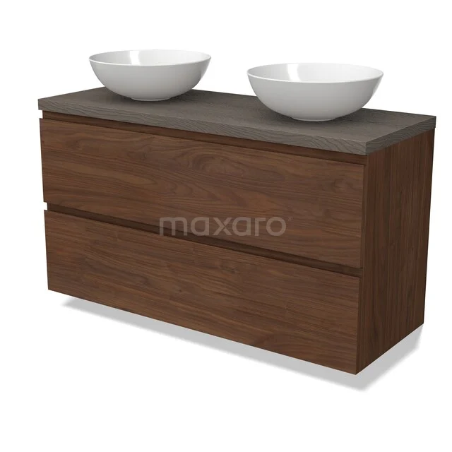 Modulo Plato Vanity units for countertop basin | 120 cm Walnoot Handle-less front Dark brown oak worktop 2 Stacked drawers BMK17-03416 Houten badkamermeubel met dubbele waskom, donkerbruine afwerking, strak design en solide constructie voor moderne badkamers.