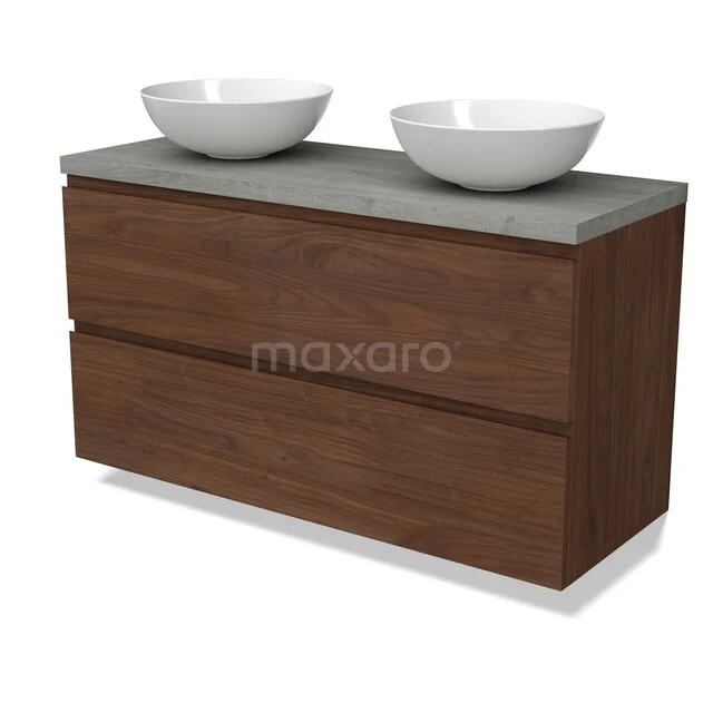 Hölzernes Badezimmermöbel mit doppeltem Aufsatzwaschbecken, Walnussfarbe, Betonlook-Platte und Softclose-Schubladen, modernes und stilvolles Design.