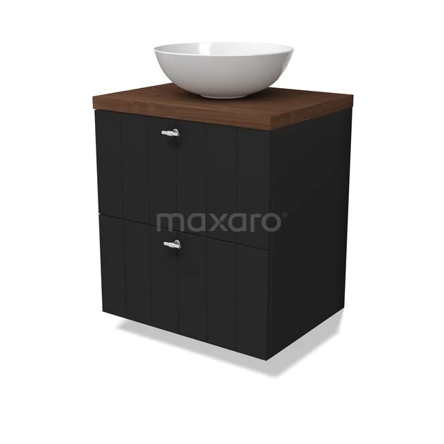 Modulo Plato Vanity units for countertop basin | 60 cm Matte black Slat front Walnoot worktop 2 Stacked drawers BMK17-03422 Zwart-walnoothouten badkamerkastje met ronde witte waskom, voorzien van twee lades en een strak modern design.