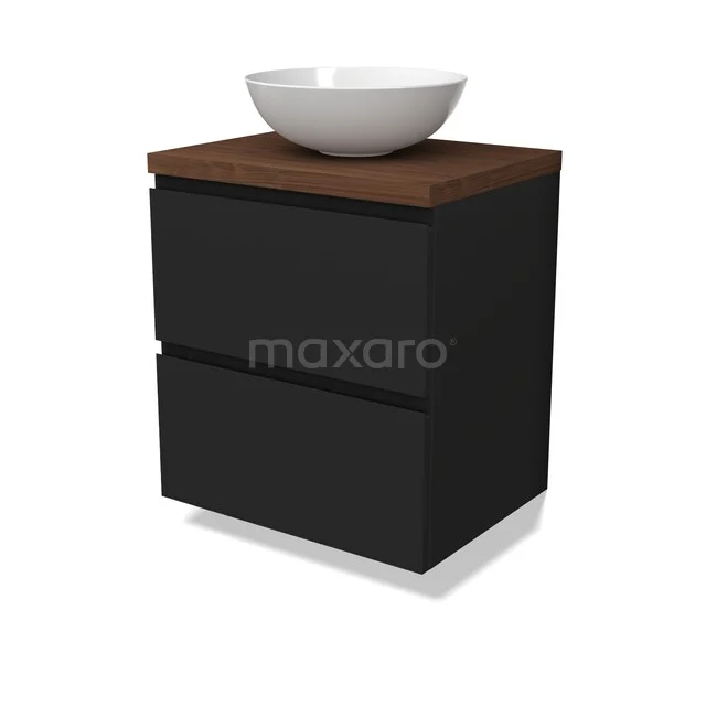 Modulo Plato Badkamermeubel voor waskom | 60 cm Mat zwart Greeploos front Walnoot blad 2 lades onder elkaar BMK17-03423 Zwarte badkamermeubelset met houten blad en witte komvormige wastafel, modern design en strakke lijnen.