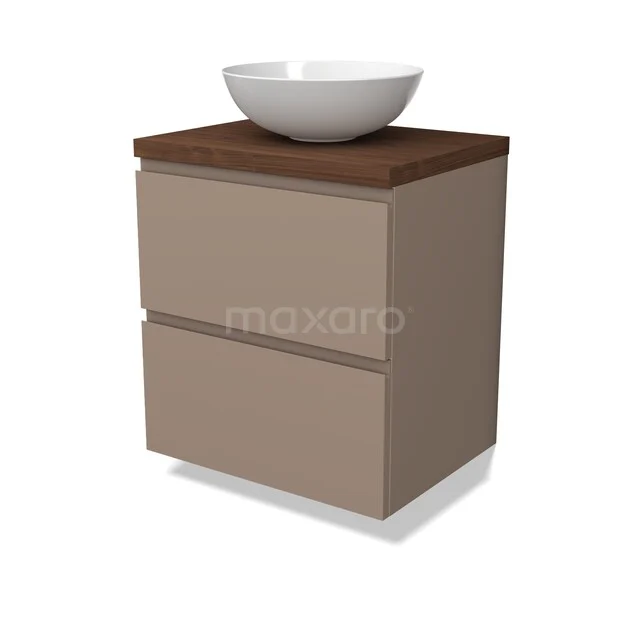 Modulo Plato Badkamermeubel voor waskom | 60 cm Taupe Greeploos front Walnoot blad 2 lades onder elkaar BMK17-03425 Beige badkamermeubel met twee lades, houten blad en witte waskom, ideaal voor een moderne badkamerinrichting.
