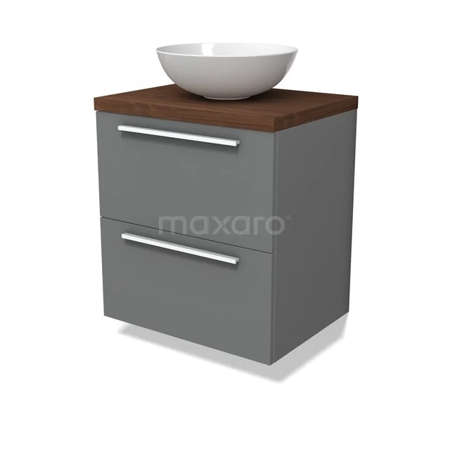 Modulo Plato Vanity units for countertop basin | 60 cm Mid grey Flat front Walnoot worktop 2 Stacked drawers BMK17-03426 Grijze badkamerkast met twee lades, houten blad en witte waskom, modern design en ideaal voor een strakke badkamerstijl.