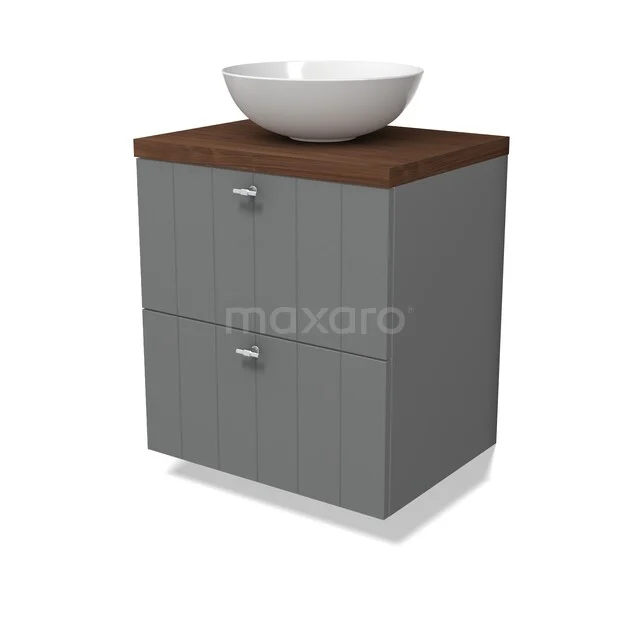 Waschbeckenmöbel Modulo BMK17-03427 Grauer Badschrank mit Holzplatte und weißem Keramikwaschbecken, modernes Design mit zwei Schubladen.