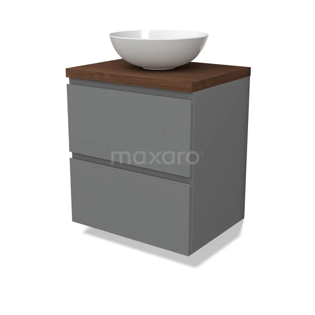 Modulo Plato Vanity units for countertop basin | 60 cm Mid grey Handle-less front Walnut worktop 2 Stacked drawers BMK17-03428 Grijze badkamerkast met twee lades, walnoot houten blad en witte waskom, stijlvol en compact ontwerp.